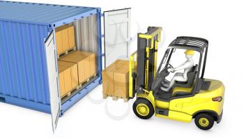 Yellow fork lift truck unloads cargo container, isolated on white background