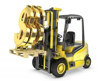 Fork lift truck lifts gold dollar sign, isolated on white background