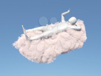 Abstract white man relaxing on a cloud in the sky
