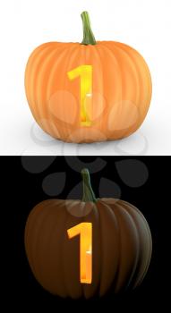 Number 1 carved on pumpkin jack lantern isolated on and white background