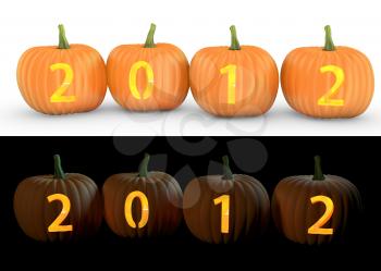 2012 text carved on pumpkin jack lantern isolated on and white background