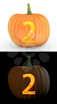Number 2 carved on pumpkin jack lantern isolated on and white background