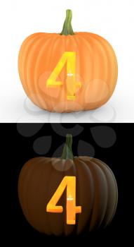 Number 4 carved on pumpkin jack lantern isolated on and white background