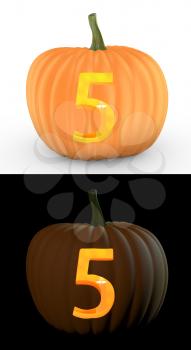 Number 5 carved on pumpkin jack lantern isolated on and white background