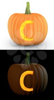 C letter carved on pumpkin jack lantern isolated on and white background