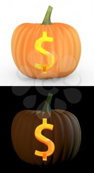 Dollar symbol carved on pumpkin jack lantern isolated on and white background