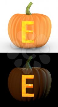 E letter carved on pumpkin jack lantern isolated on and white background