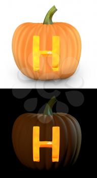 H letter carved on pumpkin jack lantern isolated on and white background
