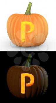 P letter carved on pumpkin jack lantern isolated on and white background