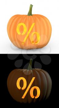 Percent symbol carved on pumpkin jack lantern isolated on and white background