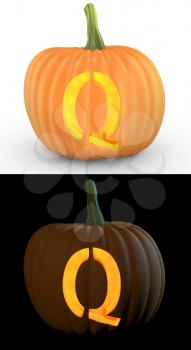 Q letter carved on pumpkin jack lantern isolated on and white background