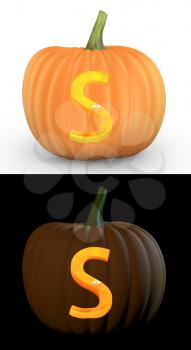 S letter carved on pumpkin jack lantern isolated on and white background