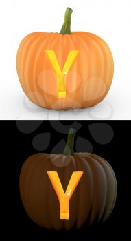 Y letter carved on pumpkin jack lantern isolated on and white background