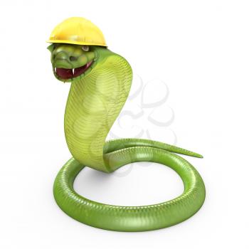 Green cobra bent in a yellow helmet, isolated on white background