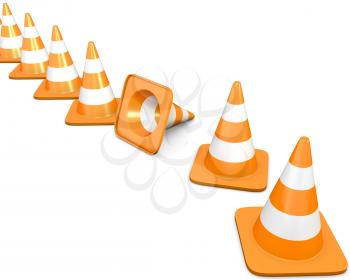 Diagonal line of traffic cones with one fallen cone, isolated on white background
