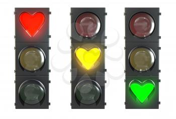 Set of traffic light with heart shaped red, yellow and green lamps isolated on white background