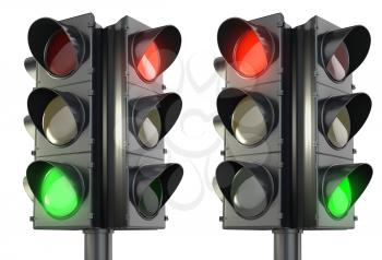 Four sided traffic light red and green variations, isolated on white background