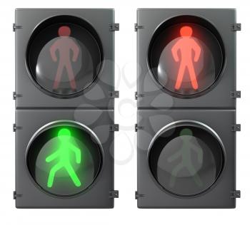 Set of pedestrian light lights with walk and go lights,front view, isolated on white background