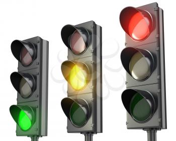 Three traffic lights, red green and yellow, isolated on white background