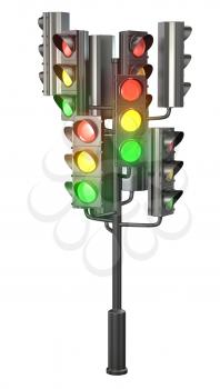 Large group of traffic lights on single stand, isolated on white