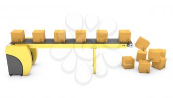 Belt conveyor with falling carton boxes isolated on white background