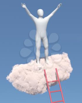 Abstract white man relaxes on a cloud in the sky