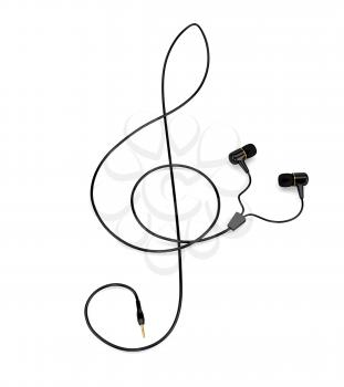 The music concept headphones with a cable in the form of a treble clef isolated on white background. 3d illustration.