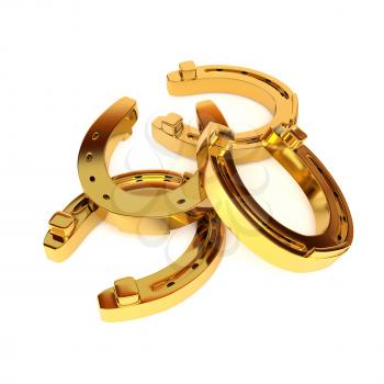 Set of gold horseshoes with highlights and shadows, isolated on white background. 3d illustration.