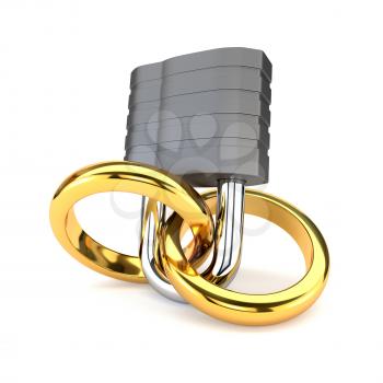 Golden wedding rings chained padlock isolated on white background. The concept of robust and reliable family. 3d illustration.