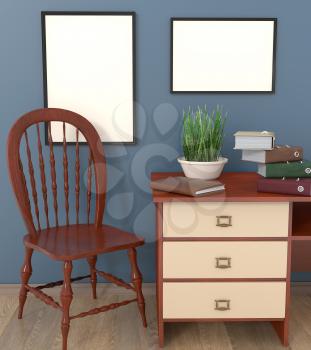 Mocap interior accounting office. Cabinet with blue walls. Light wooden table and chair on a light laminate. A stack of books, documents. Green flower in a pot. 3d rendering.