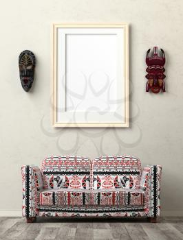 Mock up interior. Wooden antique ethnic masks on the wall. In the center of the room a soft sofa with red ethnic ornament. Plastered walls. 3d rendering.