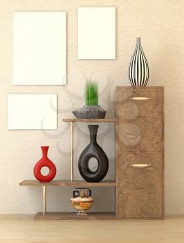 Mock up interior. Wooden cabinet with shelves, art of ethnic style vase on the shelves. Green grass in a vase on a shelf. 3d rendering.