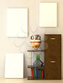 Mock up office interior. Wooden shelves and folder with documents. Ethno vase. Green grass in a vase. 3D-rendering