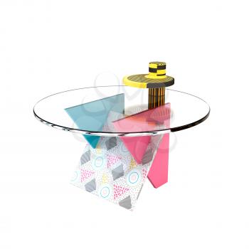 Cute bright colorful table in the style of Memphis on a white background. Memphis table with glass tabletop. 3D illustration