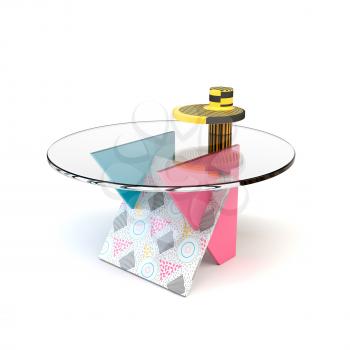 Cute bright colorful table in the style of Memphis with shadow on white background. Memphis table with glass tabletop. 
3D illustration