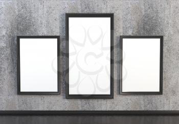 3D abstract interior illustrations. Stone with wooden empty wooden frame with white canvas