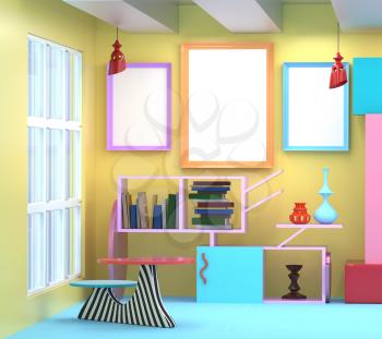 3D illustration of the interior in the style of Memphis. Frame, a shelf of books, a vase, a table lamp and a bright colored 
background. Mocap in Memphis style in trendy colors