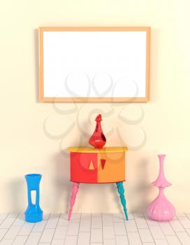 3D illustration of the interior in the style of Memphis. Frame, vase and a table against a yellow wall. Mocap in Memphis 
style in trendy colors