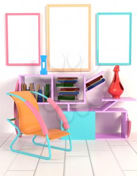 3D illustration of the interior in the style of Memphis. Frame, a shelf of books, a vase, a lamp and a table against a white wall. Mocap in Memphis style in trendy colors
