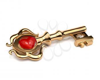 Shiny golden Key old style with a stone in the shape of a heart isolated on white background. Key to the heart. Vector illustration.