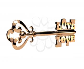 Abstract elegant 3D golden key with the word LOVE on white background. Isolated object