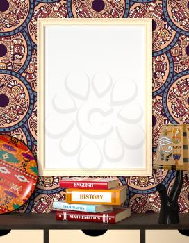 Mock up interior. Books on a wooden table. Bright light dishes and a traditional Egyptian ornament. Light wooden frame with a blank canvas on an abstract background with tribal ornaments. 3d rendering