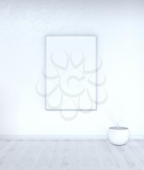 The minimalist white mock up with a blank frame, an aquarium and a dry twig. 3D 
illustration