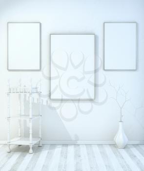 Minimalist mock up with shelves, a vase and a dry twig. 3d illustration