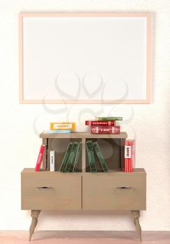 Mock up interior. Books on a wooden retro cabinet and painting with a blank canvas on the wall. 3d rendering