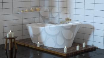 Modern bathroom with ceramic bath with candles. 3D rendering mock up