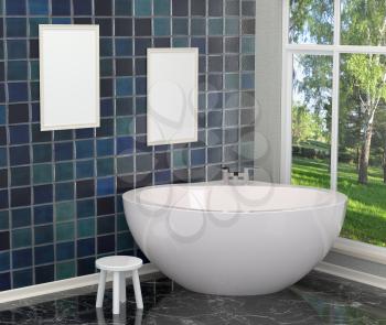 Luxurious white modern bathroom in the bathroom with tiles, marble, large window. Bathroom with a landscape. 3D rendering