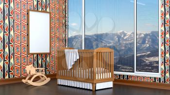 Children's room with landscape, rocking horse and cot. 3D rendering