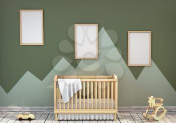 3d illustration of a children's room with a baby bed and toys. Mock up of the children's bedroom