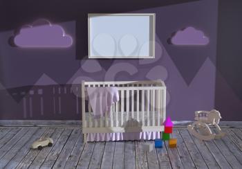 3d illustration of a children's room with a baby bed and toys. Mock up of the children's bedroom